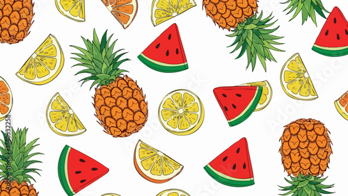 Vibrant tropical fruit pattern featuring hand drawn pineapples lemons and slices of watermelon