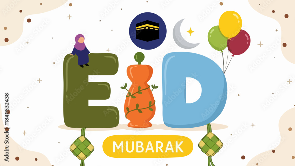 Fototapeta premium Festive eid mubarak greeting card design featuring large colorful letters and islamic symbols