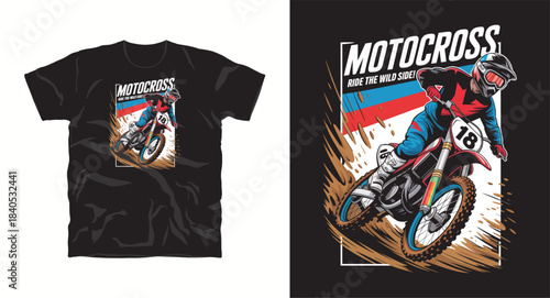 Motocross ride the wild side dirt bike t-shirt design concept with rider on muddy track