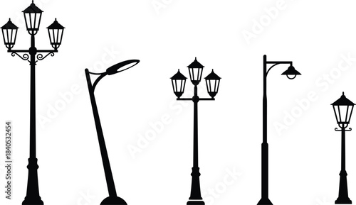 Street lamp silhouette collection featuring vintage lantern posts, modern urban lights, decorative triple lamps, and clean vector designs for cityscape and architectural projects.