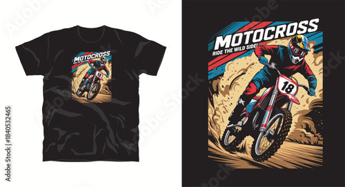 Motocross ride the wild side dirt bike t-shirt design concept with rider in desert landscape
