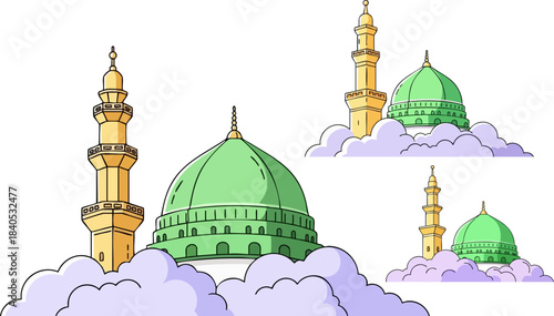 Islamic holy site illustration featuring green domes and minarets partially obscured by soft clouds