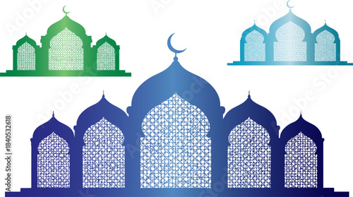 Silhouette collection of three ornate mosque domes and minarets featuring gradient color fills