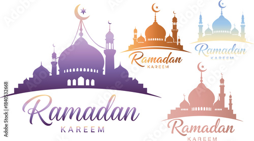 Collection of elegant gradient mosque silhouettes with ramadan kareem typography designs