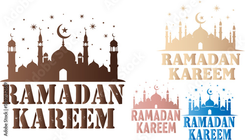 Collection of stylized ramadan kareem mosque silhouette designs in various brown gold and blue tones