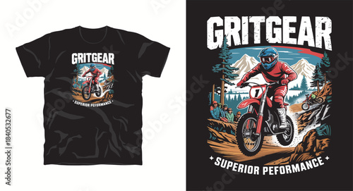Gritgear superior performance t-shirt design with a motocross rider in mountains