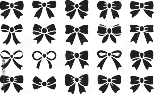 Decorative bow silhouette. Gift wrapping favor ribbon, black jubilee bows stencil vector icons set