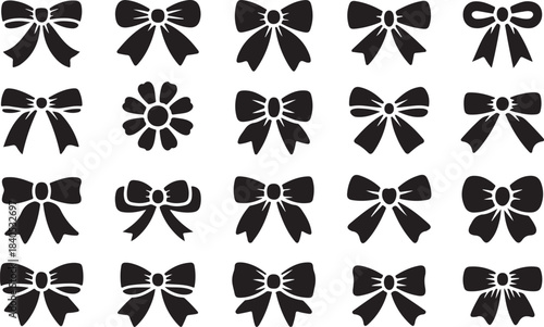 Decorative bow silhouette. Gift wrapping favor ribbon, black jubilee bows stencil vector icons set