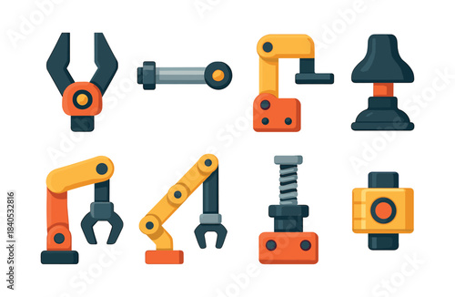 Industrial machine parts, gears and robotic arms, flat vector illustration