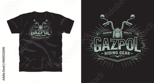 Vintage gazpol riding gear tshirt design with motorcycle handlebars and sunburst background
