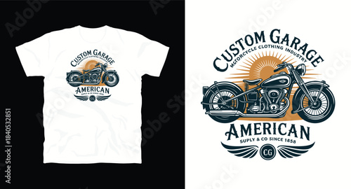 Custom garage motorcycle clothing industry t-shirt design with american classic motorbike and sun rays