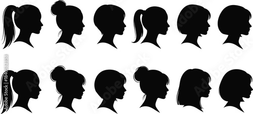 Collection of Woman Profile Silhouettes, Diverse Female Head Icons, Vector Set Showing Different Hairstyles: Ponytails, Bob Cuts, Stylish Buns, Side View Avatars for Graphic Design