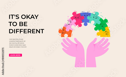 Hands holding rainbow made colorful puzzle pieces. Autism Awareness Day concept poster, banner design