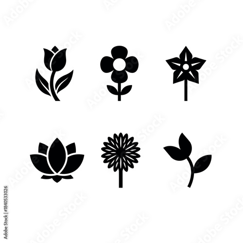 Black Silhouette Vector Icons: 6 Elegant Flowers, Nature & Botanical Collection