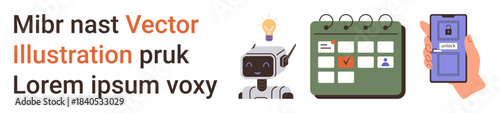 Artificial intelligence, scheduling tools, authentication systems, automation, innovation, workflow management. Robot with light bulb, calendar with tasks hand holding smartphone. Artificial