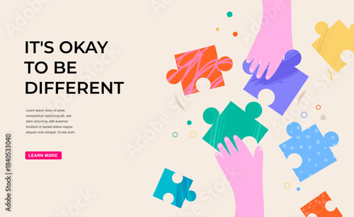 Children hands with colorful puzzle pieces. Autism Awareness Day concept design, banner and poster.