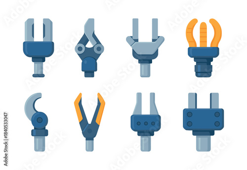 Robotic arm tools, grippers and clamps, flat vector illustration