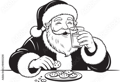 Santa Claus eating cookies and drinking milk vector illustration. Black and white drawing of a traditional Christmas holiday snack.