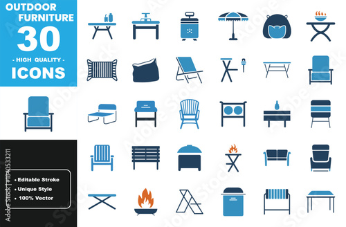 Outdoor Furniture Icons Set with Chairs, Tables, Umbrella, and Outdoor Accessories in Flat Vector Style