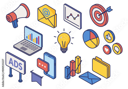 Isometric icons: digital marketing tools