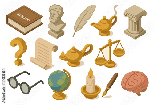 Philosophy isometric icons: book, bust, quill, teapot, column, question mark, scroll, lamp, scales, glasses, globe, candle, brain
