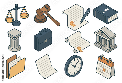 Law and justice icons: scales, gavel, documents, law book, column, briefcase, courthouse