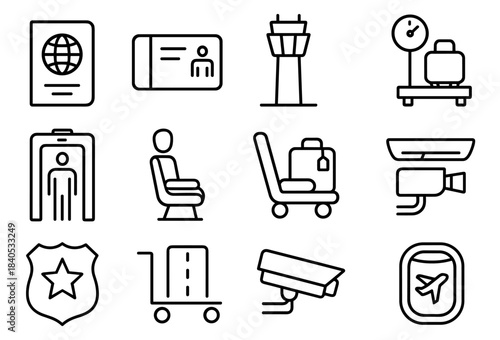 Airport security and check-in icons: passport, luggage, surveillance, boarding pass, terminal
