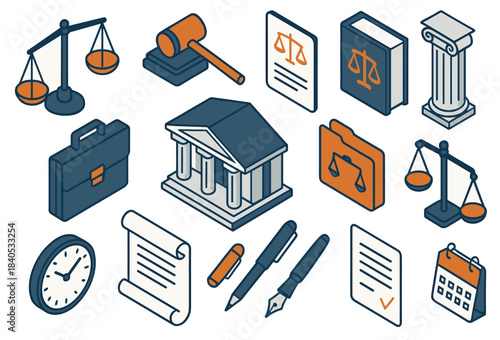 Legal and justice symbols: scales, gavel, documents, and court icons
