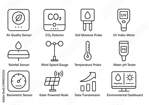 Environmental monitoring icons set: sensors, probes, meters, and gauges