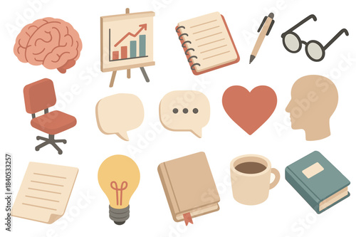 Office and education icons: brain, charts, books, speech bubbles, and more