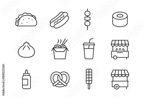 Outline icons of global street food snacks and beverages