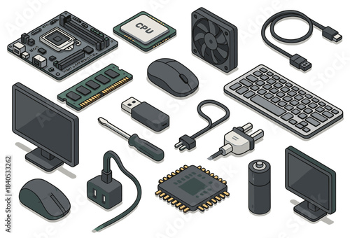 Isometric computer components: cpu, motherboard, peripherals, and tools collection