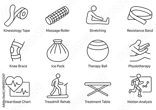 Physical therapy icons: tools and techniques for rehabilitation and recovery