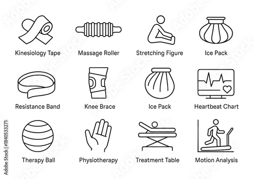 Physical therapy equipment icons: kinesiology tape, massage roller, stretching figure