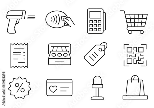Essential shopping icons: barcode, contactless payment, checkout, and cart