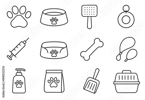 Pet accessories line icons: bowls, toys, grooming, and care essentials