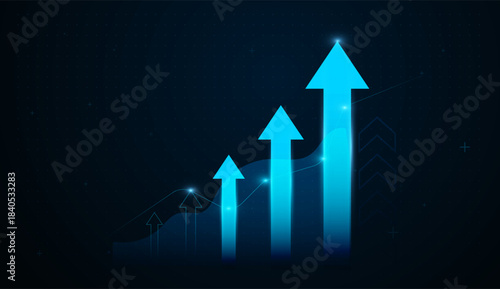 Arrows climb step by step, representing steady financial growth and positive market performance. with Futuristic blue arrows soaring upward concepts