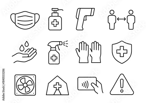Essential covid-19 safety icons: mask, sanitizer, thermometer, social distancing, hygiene