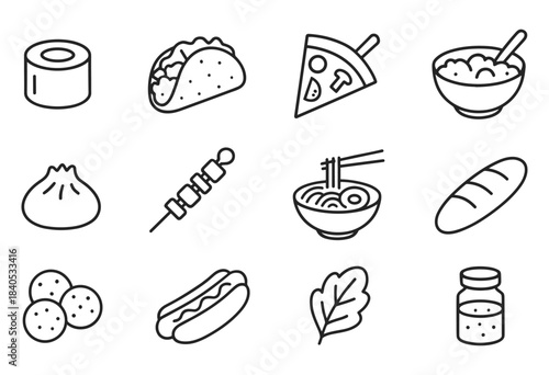 Line icons of diverse foods: pizza, taco, hot dog, ramen, dumpling, bread, salt shaker