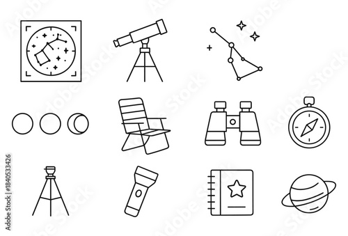 Astronomy equipment and constellation line icons: telescope, binoculars, star map, and compass