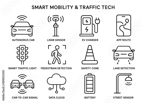 Smart mobility and traffic tech icons for autonomous vehicles and infrastructure