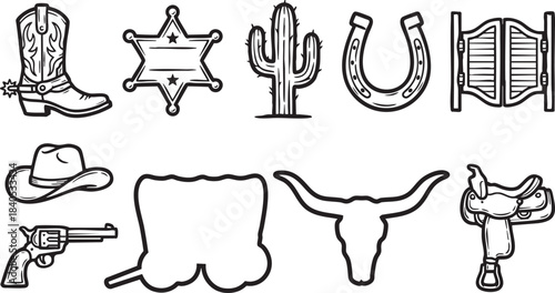 Cowboy western icons set including boot cactus horseshoe saddle gun wagon and bull skull vector