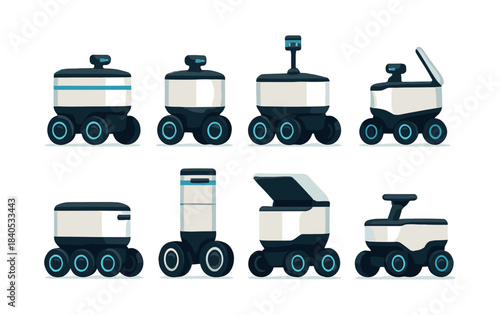 Autonomous delivery robots set, flat vector illustration, futuristic machines, technology