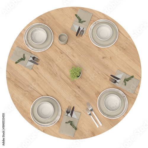 Round wooden loft-style table set for four. Minimalist arrangement of tableware, cutlery, and placemats creates a clean modern look for interior design, dining concepts, and commercial use.