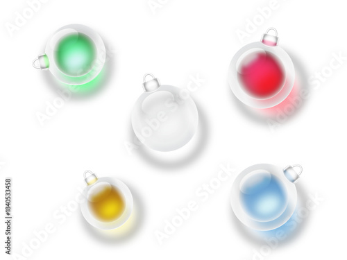 Glowing Glass Christmas Ornaments Set with Soft Shadows and Colorful Light Reflections on White Background – Festive Holiday Baubles in Minimal Modern Style