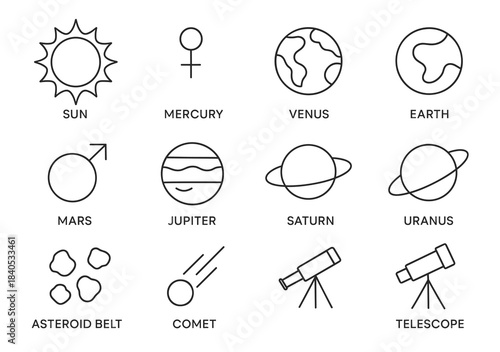 Solar system symbols: planets and celestial icons for astronomy enthusiasts
