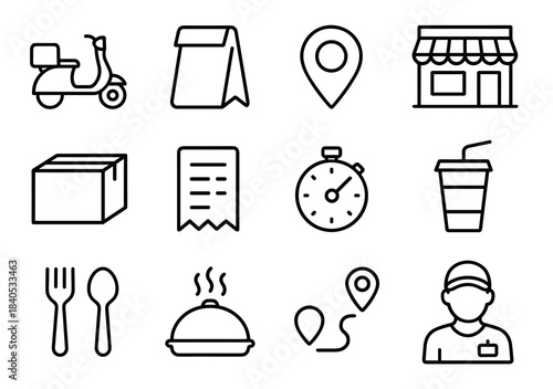 Food delivery and takeout icons: scooter, location, packaging, and customer service symbols