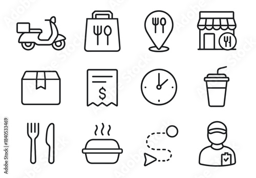 Food delivery icons: scooter, bag, map pin, restaurant, package, receipt, clock, drink, utensils, route, worker
