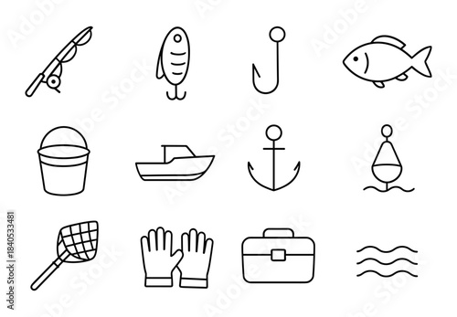 Fishing equipment icons: rod, hook, fish, anchor, boat, buoy, net, gloves, tackle box, waves