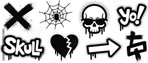Black and white graffiti street art symbols collection, dripping paint style, skull and heart icons, urban street lettering design illustration